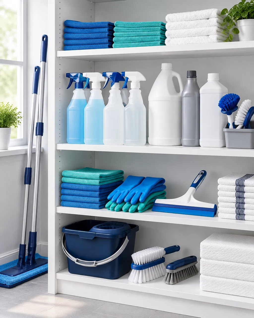 Cleaning sprays, microfiber cloths, gloves, scrub brushes, and professional janitorial supplies