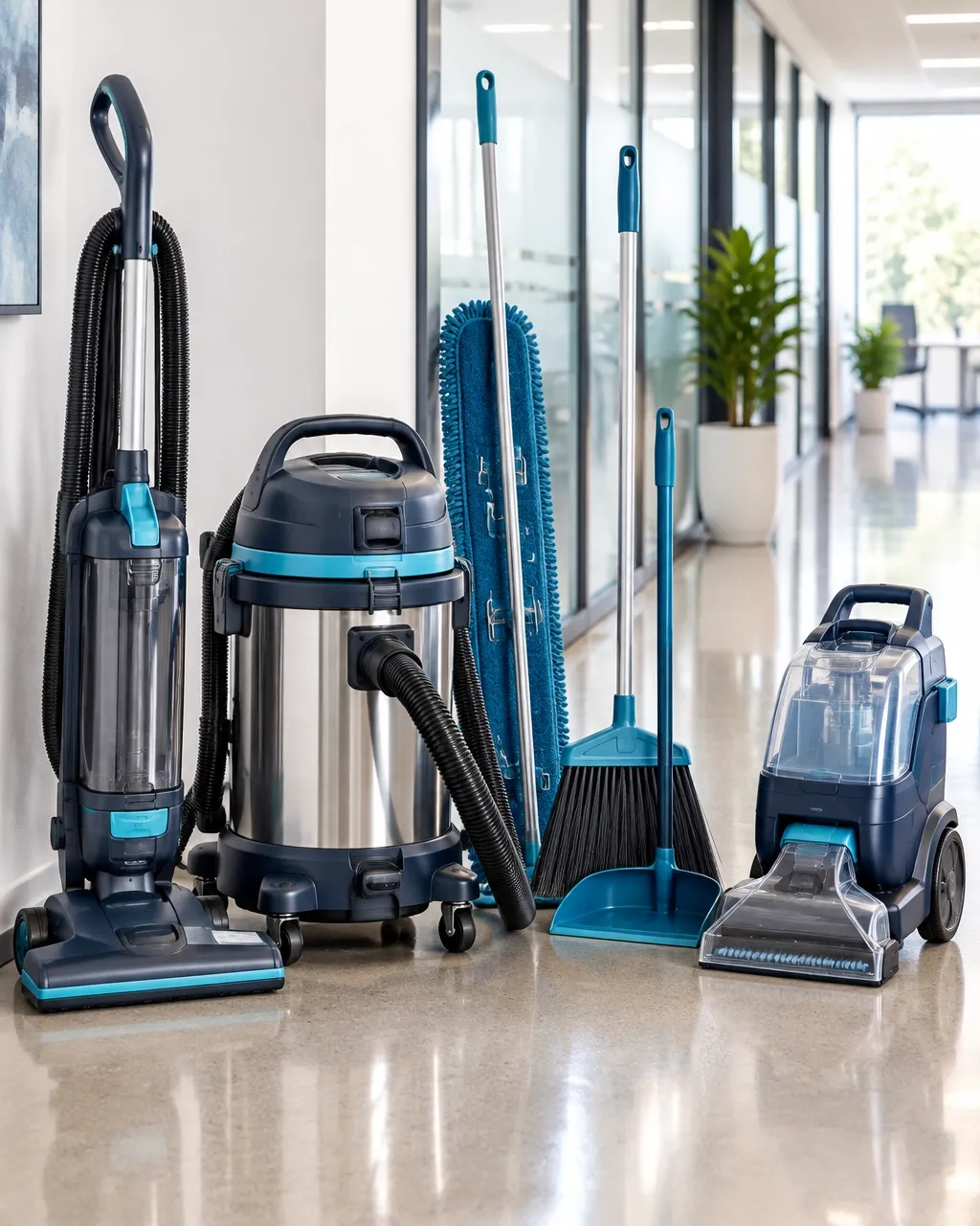 Upright vacuum, industrial wet-dry vacuum, dust mop, broom, dustpan, and carpet cleaner