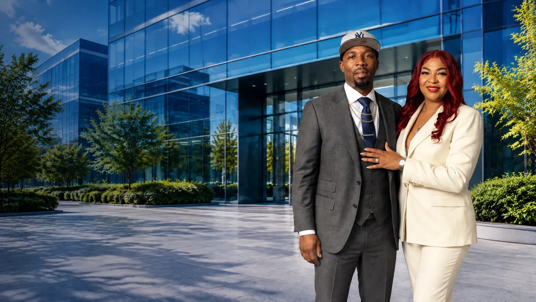 COLE A1 Cleaning Services owners Kissten and Marcus standing in front of a modern glass office building